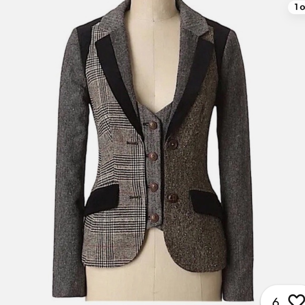 Anthropologie Black and Gray Herringbone Blazer